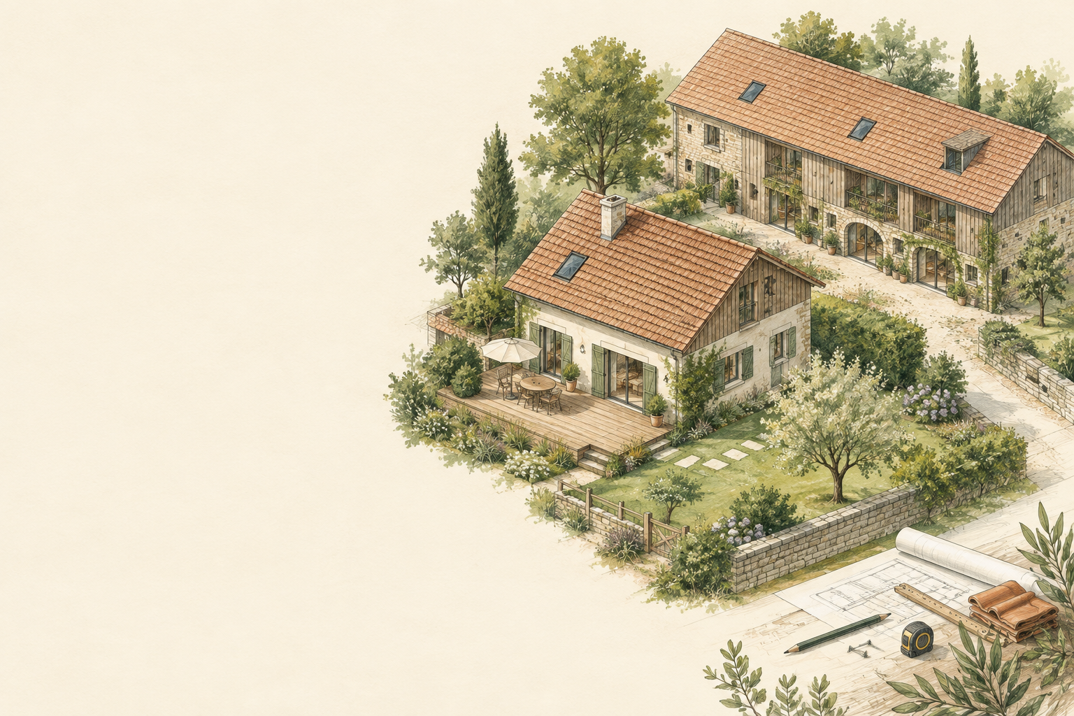 Illustration imaginaire d’une maison et de son jardin